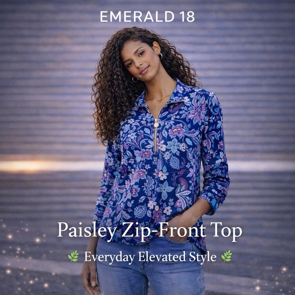 🌿 Size - M/ Emerald 18 Paisley Zip-Front Top | Everyday Elevated Style 🌿
